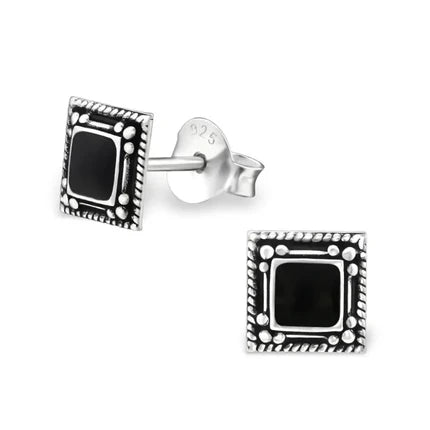 Boucles d'oreilles puces – Boucles d'oreilles Bali carrées en argent 925, émail noir, 6 mm, finition oxydée
