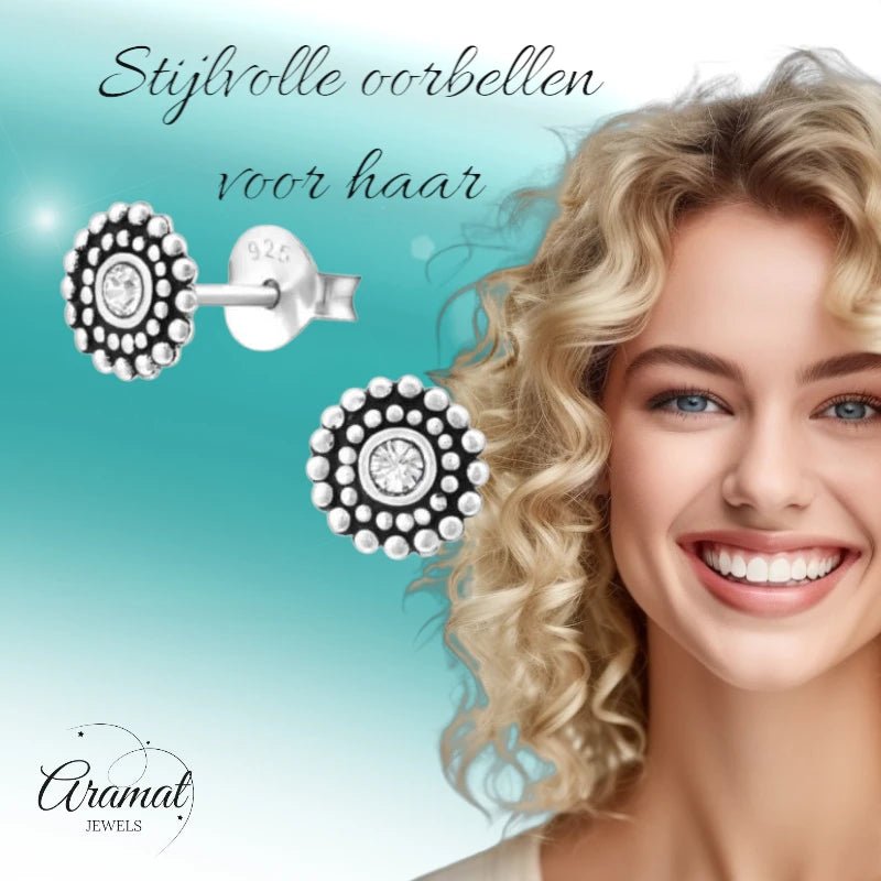 Zilveren Bali Oorbellen met Kristal – 6mm - oor704 - 32917 - Oorbellen kopen# - 6mm - 925 Zilver - alles