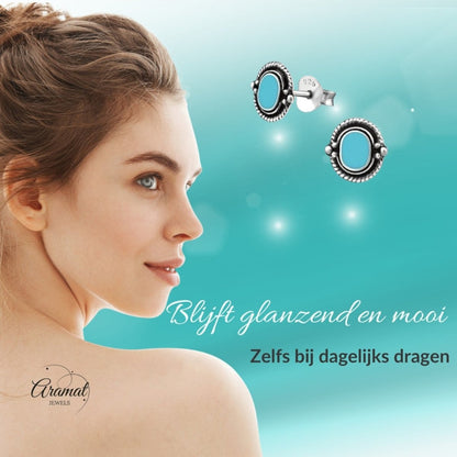 Zilveren Bali Oorbellen - Ovaal Blauw 8mm - Aramat Jewels - Oorbellen - cadeautip