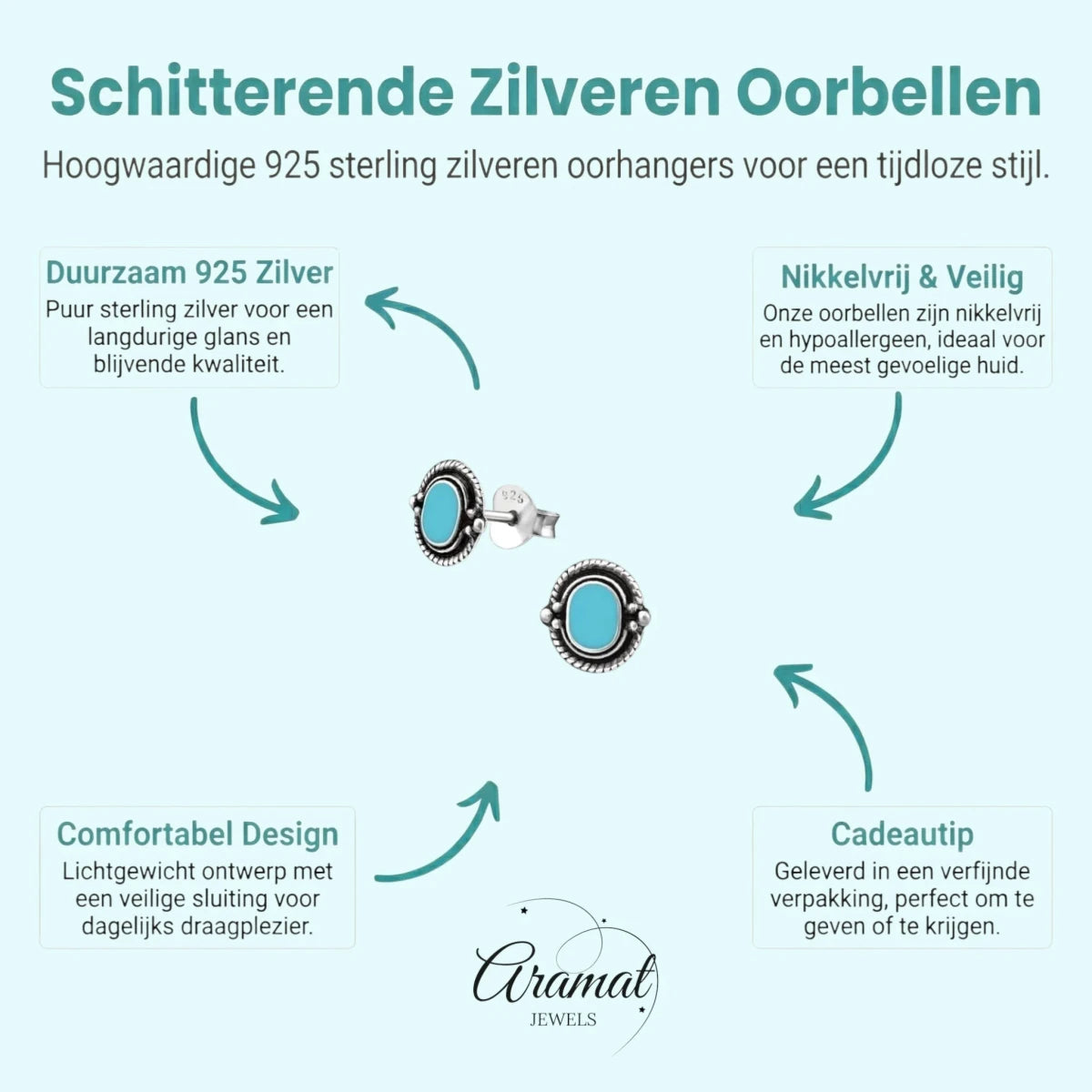 Zilveren Bali Oorbellen - Ovaal Blauw 8mm - Aramat Jewels - Oorbellen - cadeautip