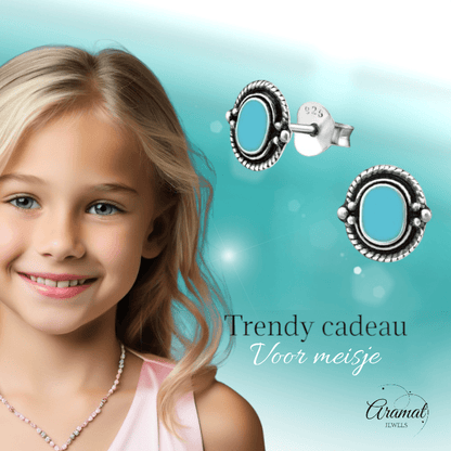 Zilveren Bali Oorbellen - Ovaal Blauw 8mm - oor1060 - 31323 - Oorbellen kopen