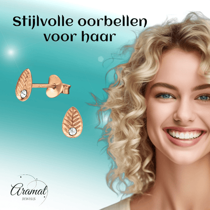 Zilveren Blaadje Oorbellen Rosé/Kristal – 6x4mm - Aramat Jewels - Oorbellen - cadeautip
