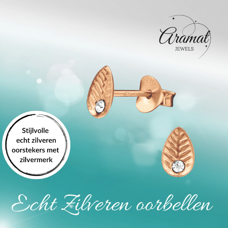 Zilveren Blaadje Oorbellen Rosé/Kristal – 6x4mm - Aramat Jewels - Oorbellen - cadeautip
