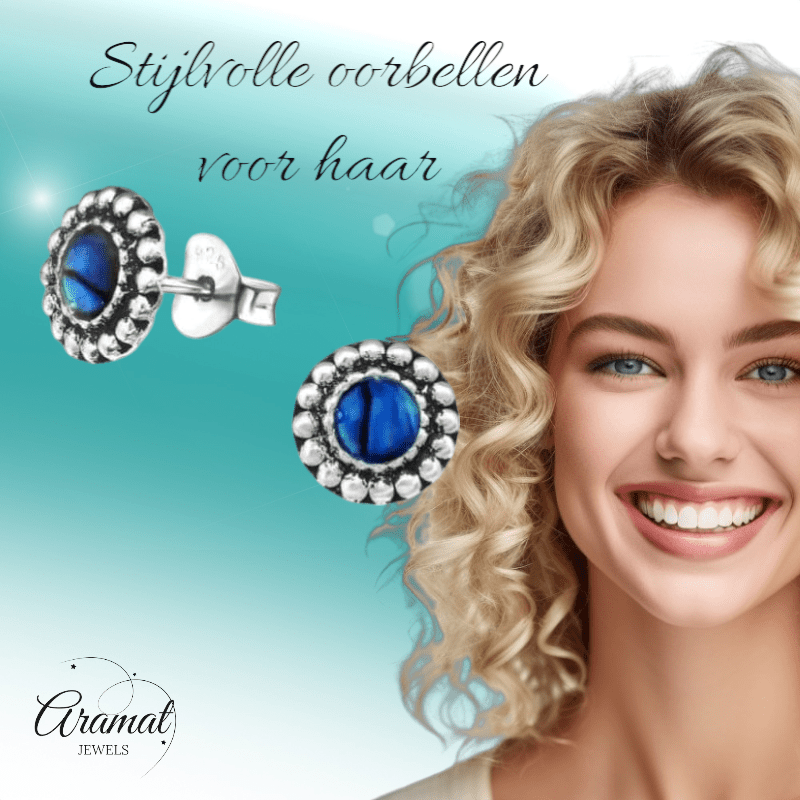Zilveren Blauw Abalone Oorbellen 8 mm - oor1082 - 30786 - Oorbellen kopen# - 8mm - 925 Zilver - Abalone