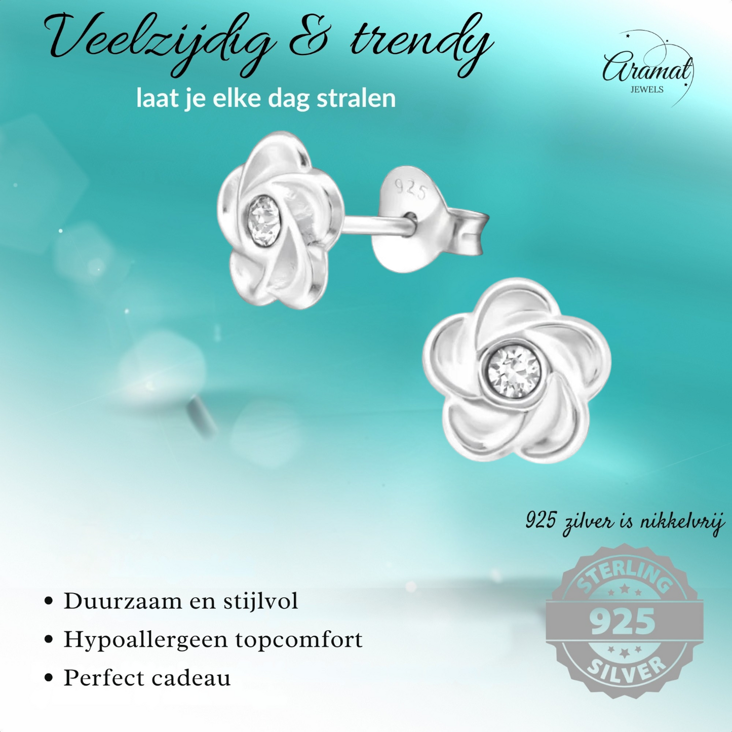 Boucles d'oreilles en argent en forme de fleur avec cristal transparent
