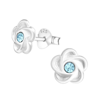 Boucles d'oreilles puces en argent en forme de fleur avec cristaux bleus