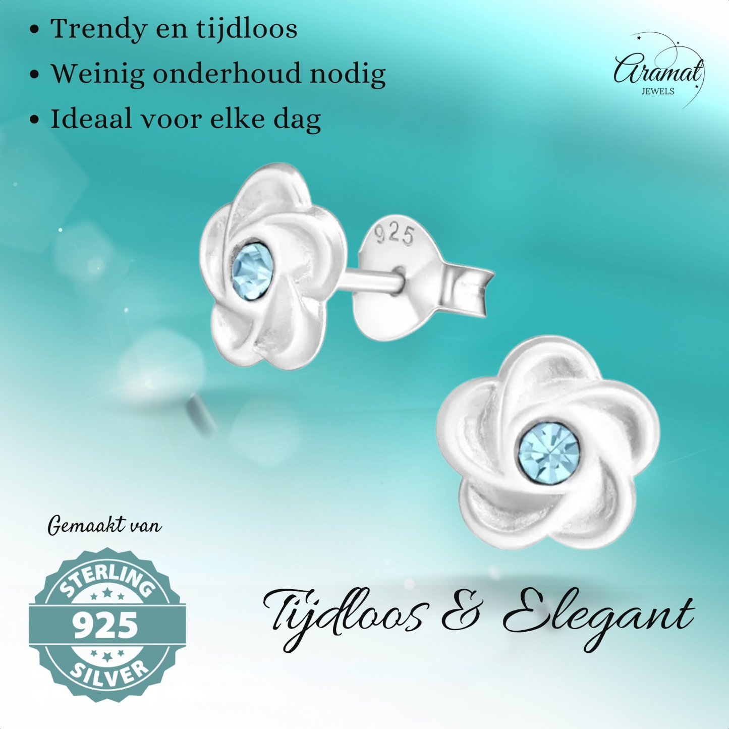 Boucles d'oreilles puces en argent en forme de fleur avec cristaux bleus