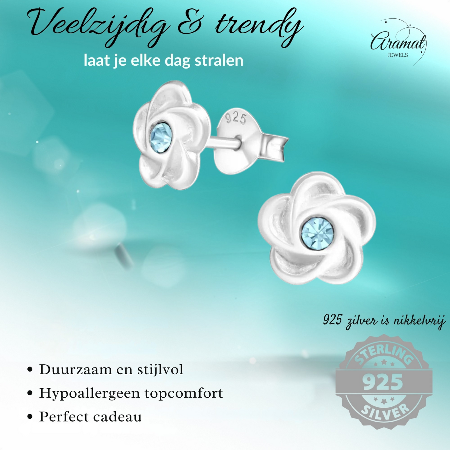 Boucles d'oreilles puces en argent en forme de fleur avec cristaux bleus