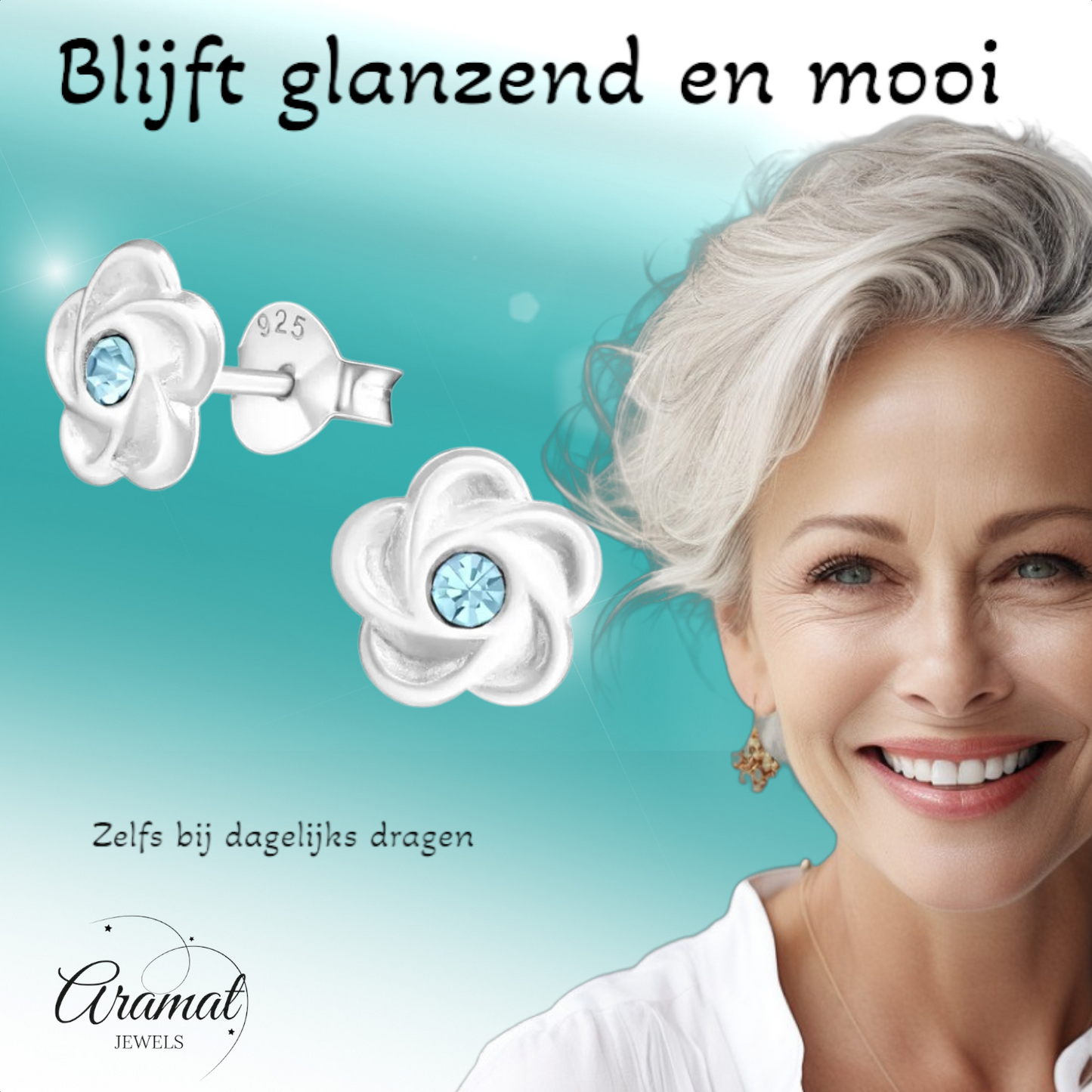 Boucles d'oreilles puces en argent en forme de fleur avec cristaux bleus
