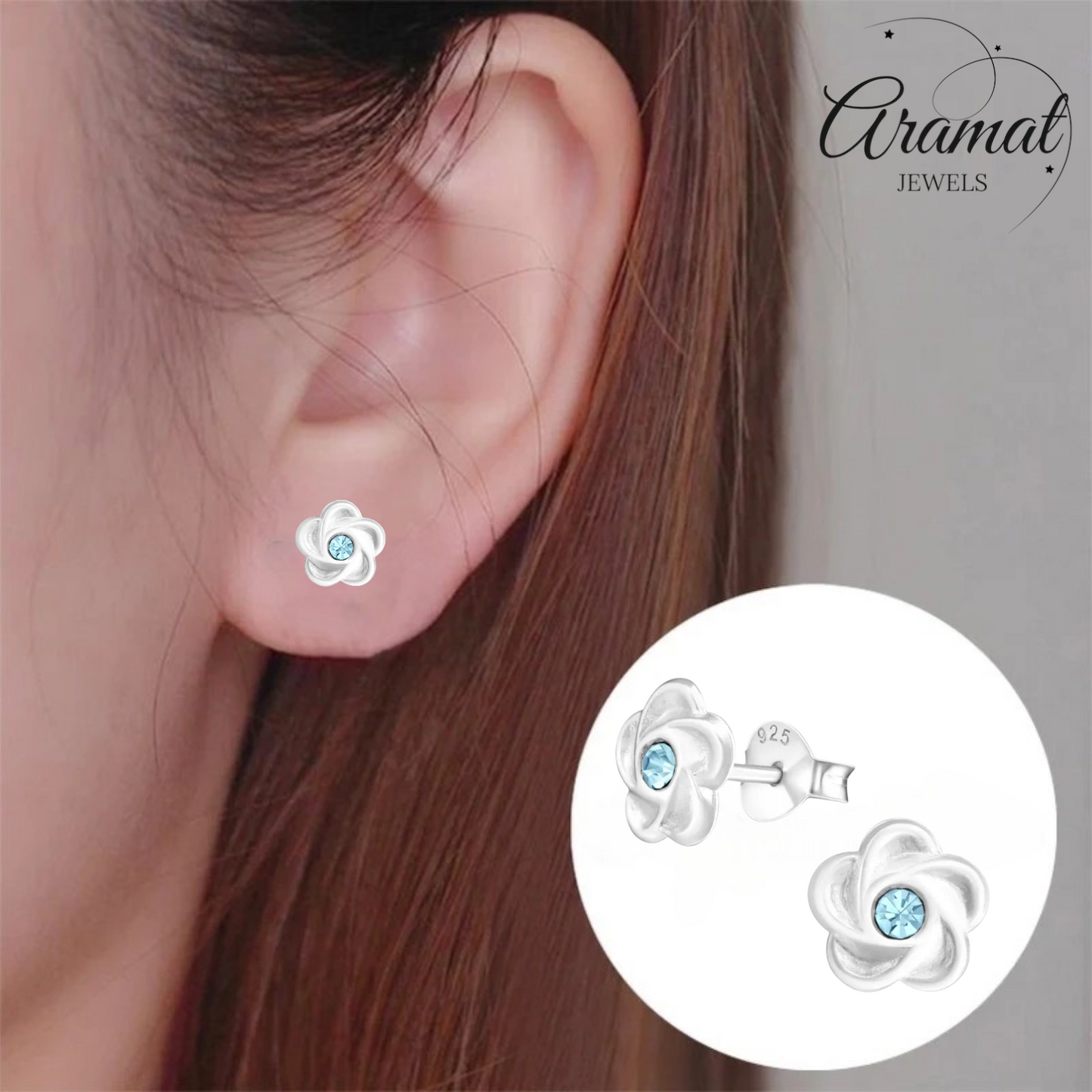 Boucles d'oreilles puces en argent en forme de fleur avec cristaux bleus