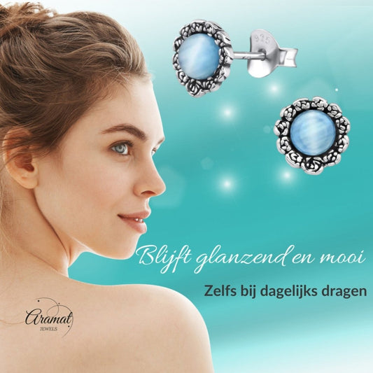 Zilveren Bloem Oorbellen met Kattenoog blauw - Aramat Jewels - Oorbellen - cadeautip