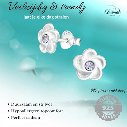 Zilveren bloem oorstekers lila kristal 7mm - Aramat Jewels - Oorbellen - cadeautip