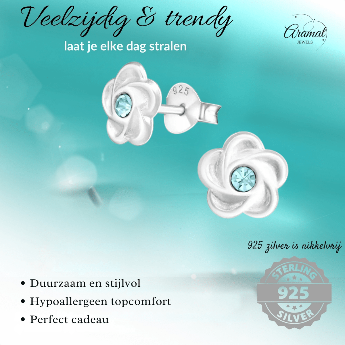Zilveren bloemen oorstekers met blauwe kristal - Aramat Jewels - Oorbellen - cadeautip