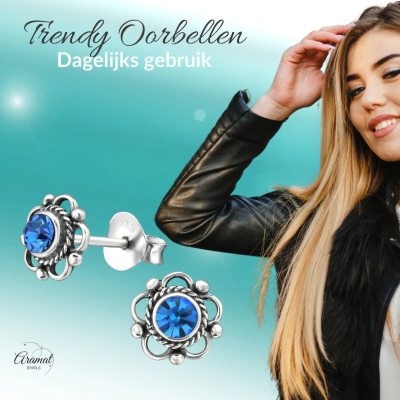 Zilveren Bloemoorbellen Blauw 7 mm - oor3383 - 30072 - Oorbellen kopen# - 7mm - 925 Zilver - alles