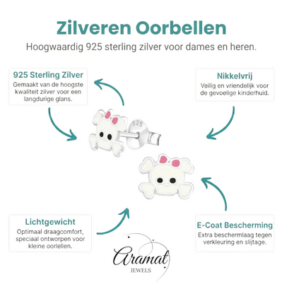 Zilveren Doodskop Oorbellen Wit 8x6 mm - Aramat Jewels - Oorbellen - cadeautip