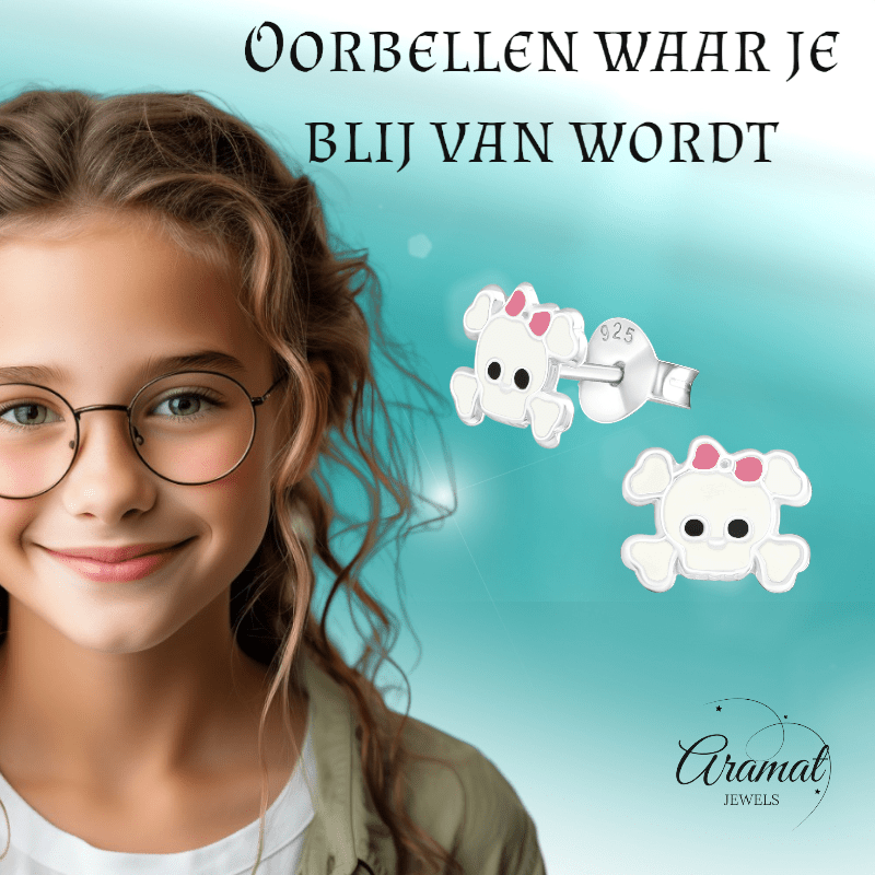 Zilveren Doodskop Oorbellen Wit 8x6 mm - oor878 - 17263 - Oorbellen kopen# - 8mm - 925 Zilver - alles