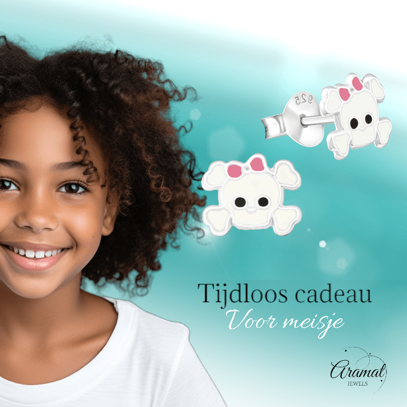 Zilveren Doodskop Oorbellen Wit 8x6 mm - oor878 - 17263 - Oorbellen kopen# - 8mm - 925 Zilver - alles