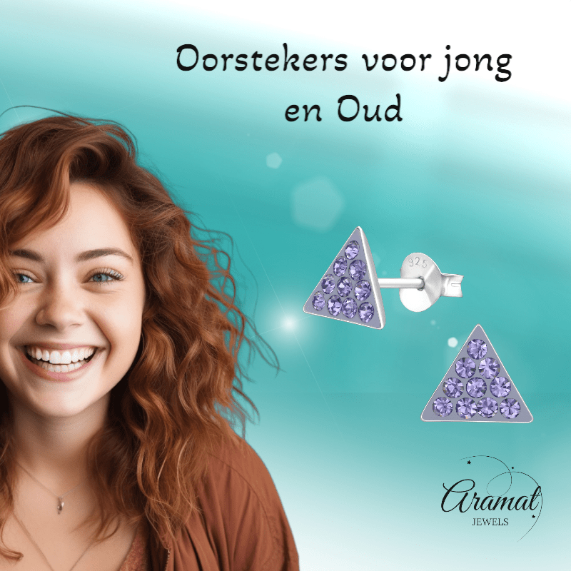 Zilveren driehoek oorbellen lavendel kristal - Aramat Jewels - Oorbellen - cadeautip
