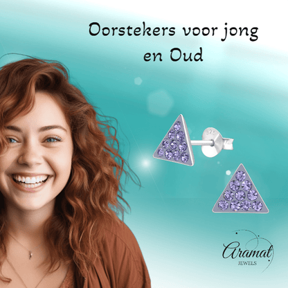 Zilveren driehoek oorbellen lavendel kristal - Aramat Jewels - Oorbellen - cadeautip