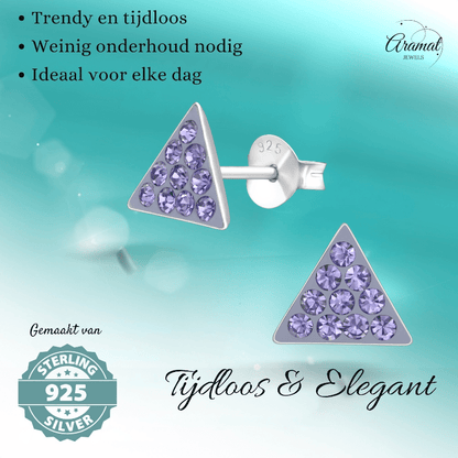 Zilveren driehoek oorbellen lavendel kristal - Aramat Jewels - Oorbellen - cadeautip