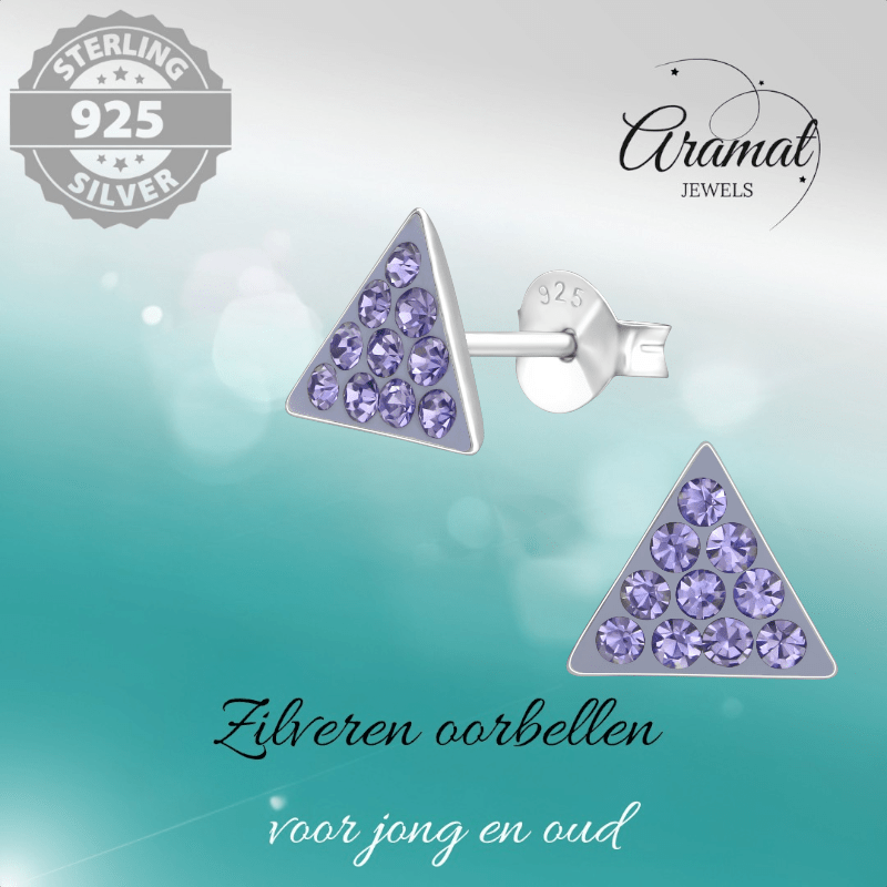 Zilveren driehoek oorbellen lavendel kristal - Aramat Jewels - Oorbellen - cadeautip