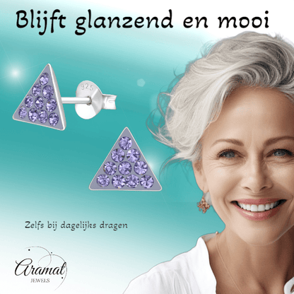 Zilveren driehoek oorbellen lavendel kristal - Aramat Jewels - Oorbellen - cadeautip