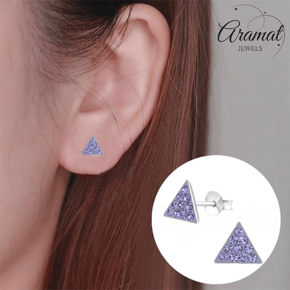 Zilveren driehoek oorbellen lavendel kristal - Aramat Jewels - Oorbellen - cadeautip