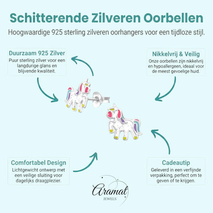 Zilveren Eenhoorn Oorbellen - Glitter Cadeautje Meisje - Aramat Jewels - Oorbellen - cadeautip