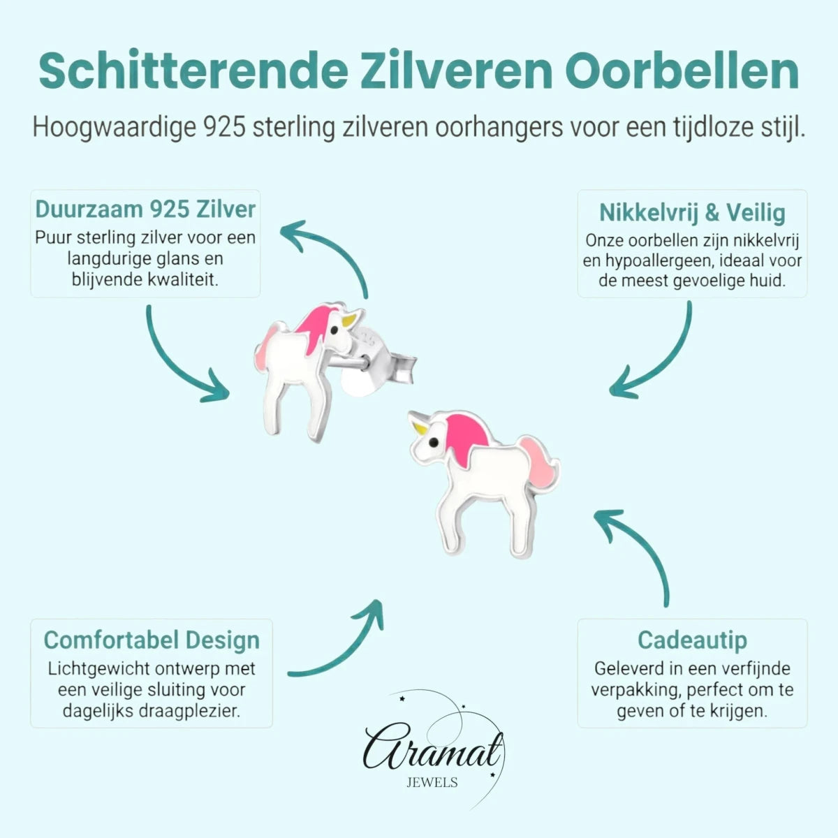 Zilveren Eenhoorn Oorbellen - Schattig Cadeau Meisje - Aramat Jewels - Oorbellen - cadeautip