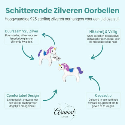 Zilveren Eenhoorn Oorbellen - Unicorn - 11x15mm - Aramat Jewels - Oorbellen - cadeautip