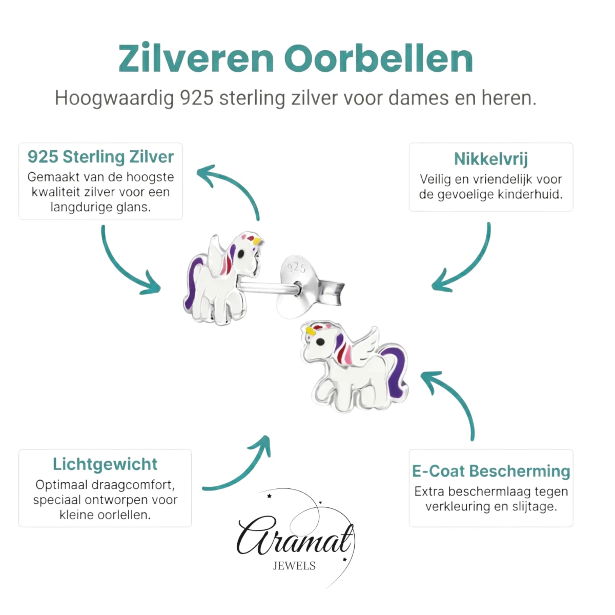 Zilveren Eenhoorn Oorbellen - Unicorn Oorstekers - Aramat Jewels - Oorbellen - cadeautip