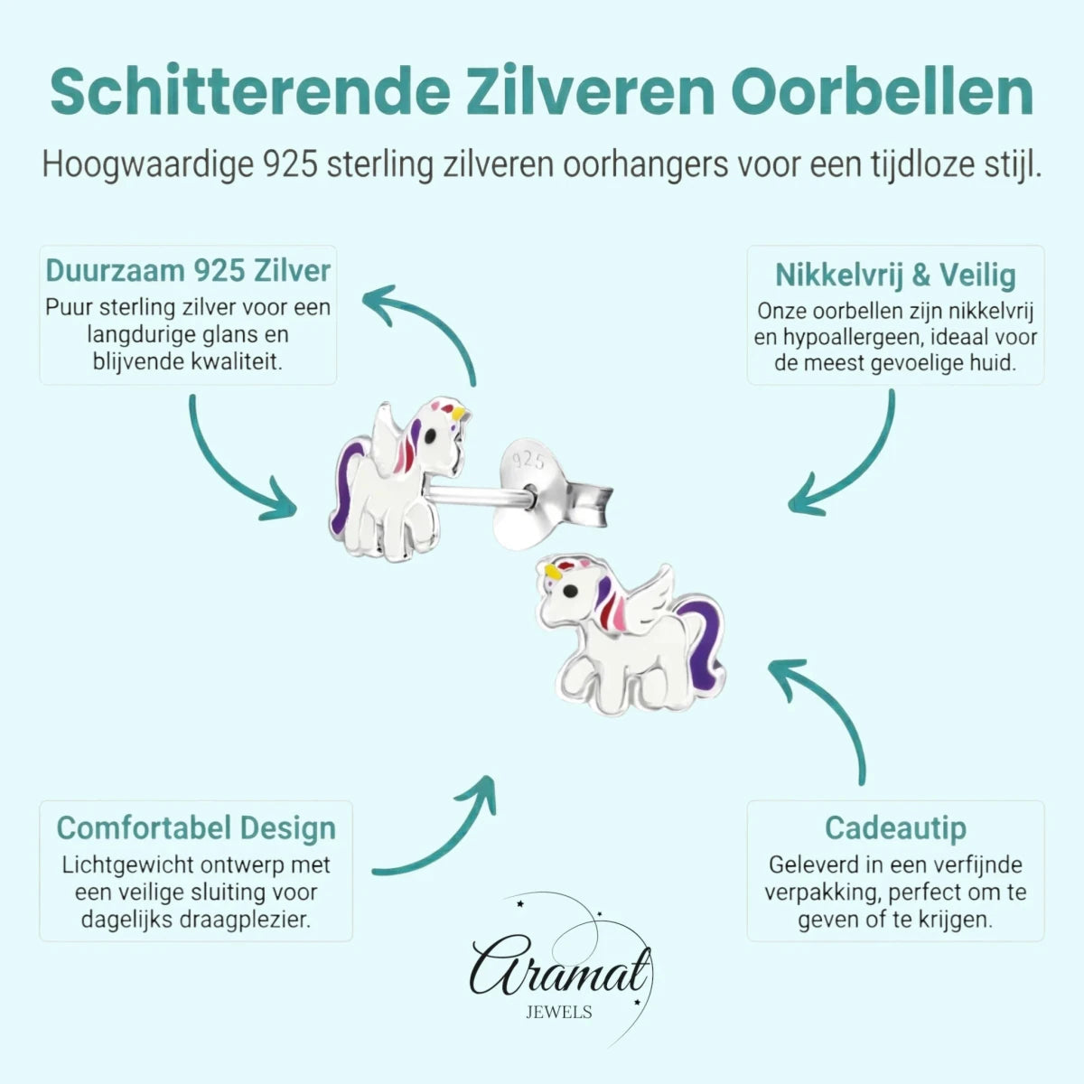 Zilveren Eenhoorn Oorbellen - Unicorn Oorstekers - Aramat Jewels - Oorbellen - cadeautip