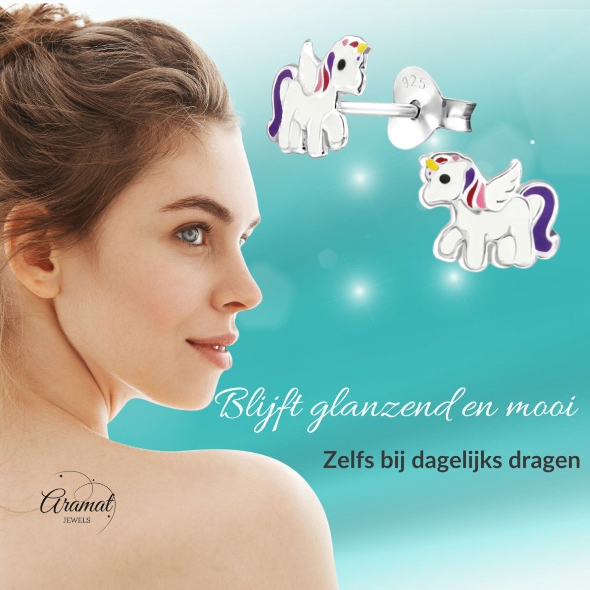 Zilveren Eenhoorn Oorbellen - Unicorn Oorstekers - Aramat Jewels - Oorbellen - cadeautip