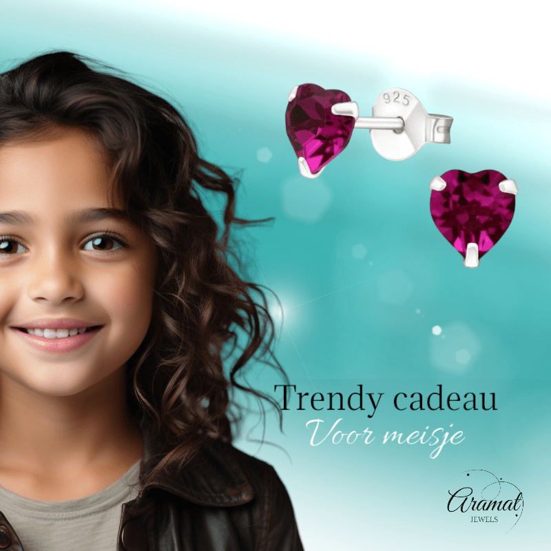 Zilveren Hartjes Oorstekers Fuchsia 5 mm - oor4966 - 24394 - Oorbellen kopen# - 5mm - 925 Zilver - alles