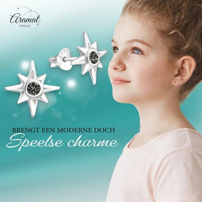 Zilveren Ishtar Ster Oorbellen - Black Diamond Kristal - oor749 - 32769 - Oorbellen kopen# - 11mm - 925 Zilver