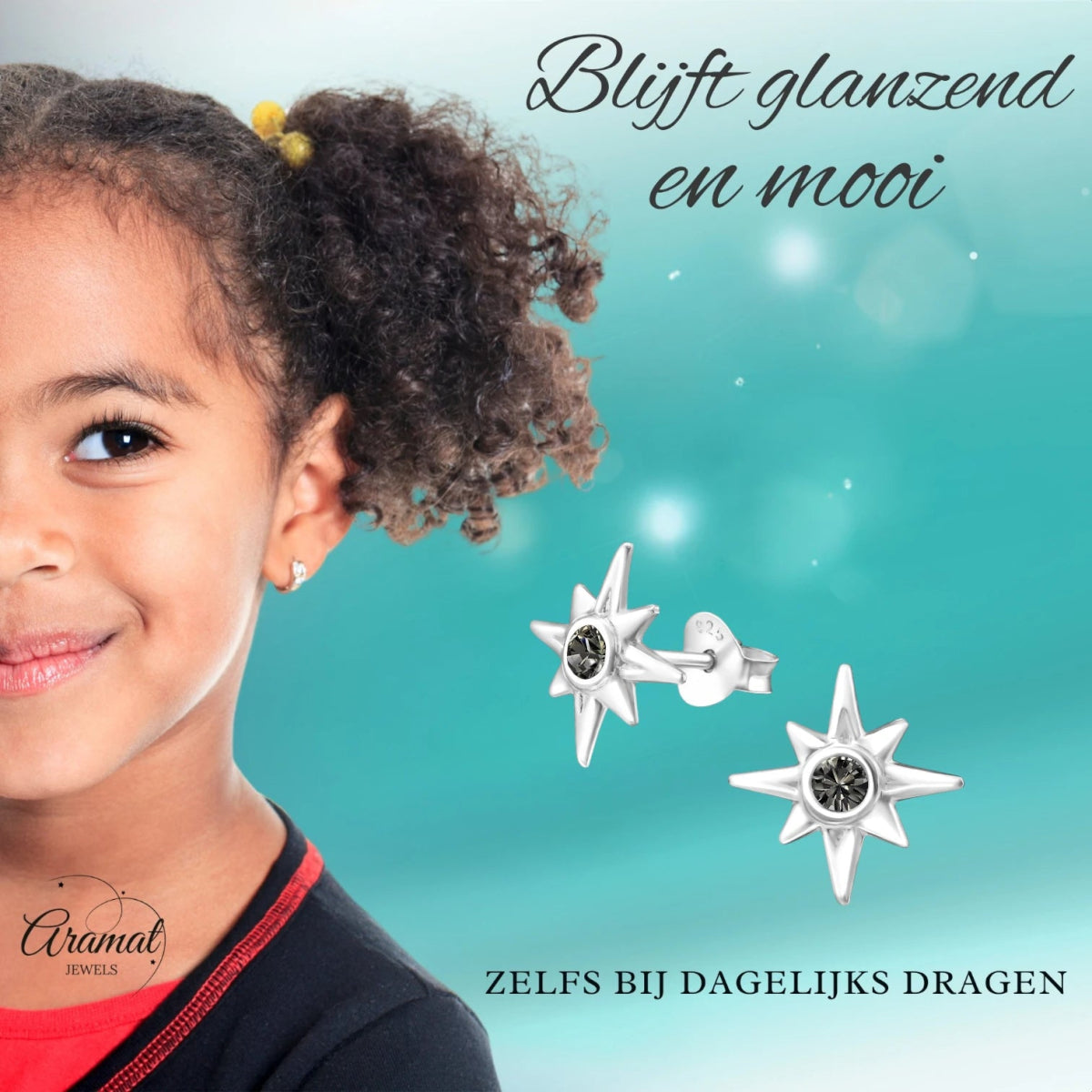 Zilveren Ishtar Ster Oorbellen - Black Diamond Kristal - oor749 - 32769 - Oorbellen kopen# - 11mm - 925 Zilver