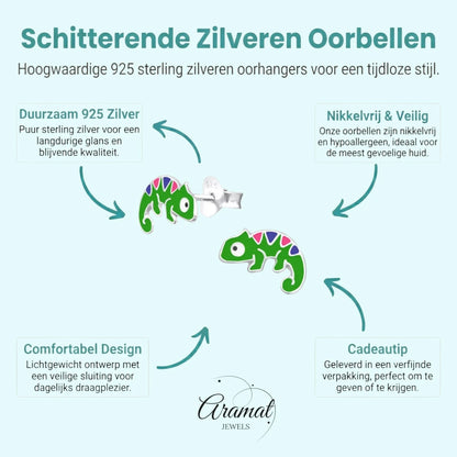 Zilveren Kameleon Oorbellen - Groene Emaille - Aramat Jewels - Oorbellen - cadeautip