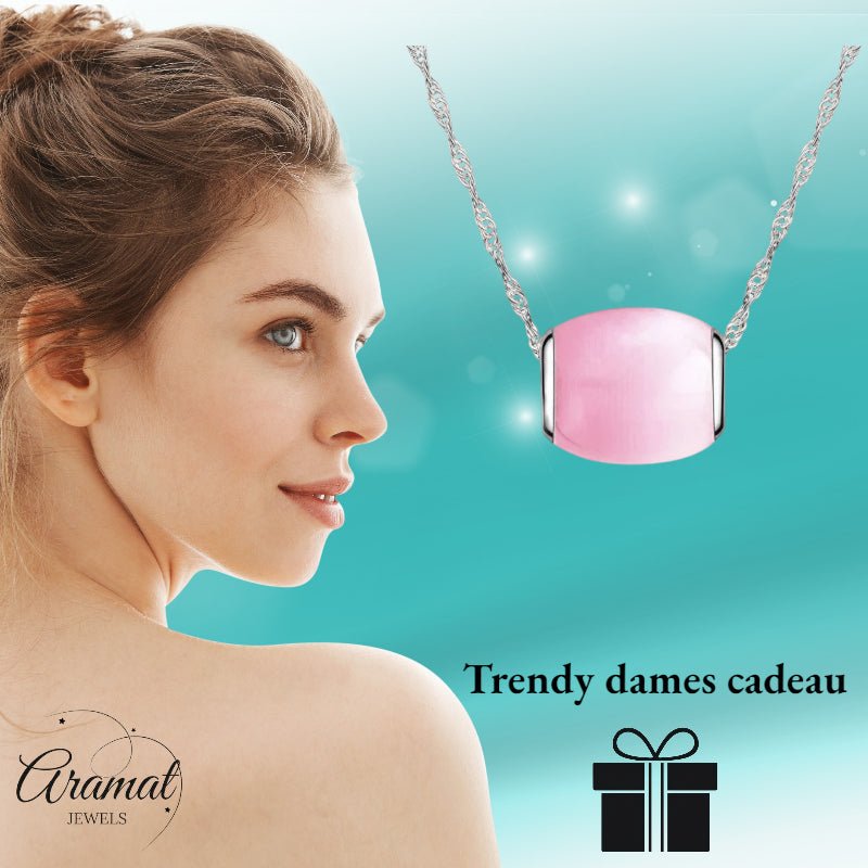 Zilveren Ketting Met Roze Kattenoogsteen - Aramat Jewels - Halskettingen - cadeautip