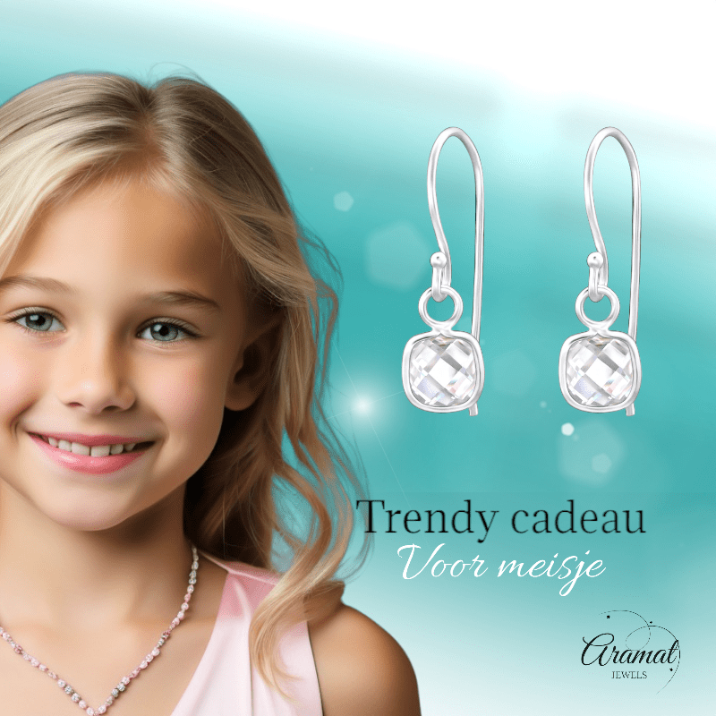 Zilveren Kinder Oorhangers - Vierkante Zirkonia - oor1181 - 27910 - Oorhangers kopen# - 15mm - 925 Zilver - alles