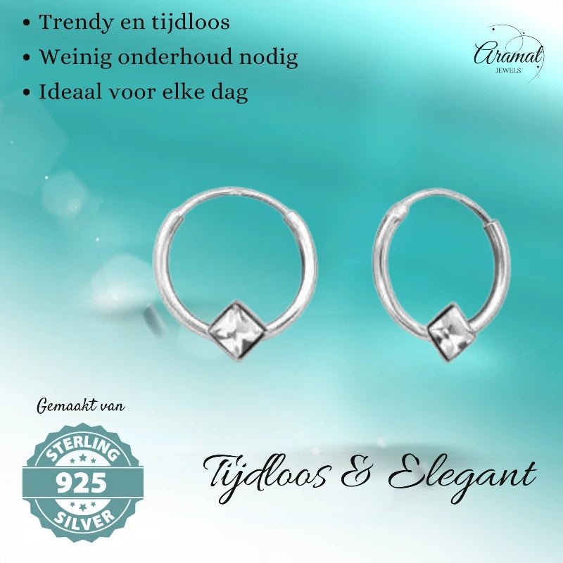 Zilveren Kinder Oorringen - Vierkante Kristal - 10mm - oor474 - Oorringen kopen# - 10mm - 925 Zilver