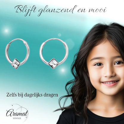 Zilveren Kinder Oorringen - Vierkante Kristal - 10mm - oor474 - Oorringen kopen# - 10mm - 925 Zilver