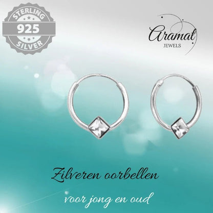 Zilveren Kinder Oorringen - Vierkante Kristal - 10mm - oor474 - Oorringen kopen# - 10mm - 925 Zilver