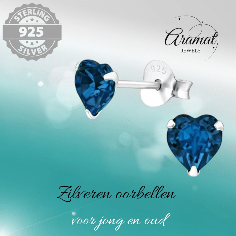Zilveren Kristal Hartjes Oorbellen Donker Blauw - oor2301 - 24394 - Oorbellen kopen# - 5mm - 925 Zilver - alles