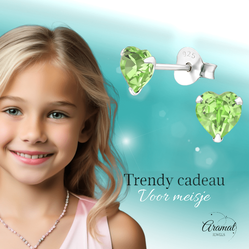 Zilveren Kristal Hartjes Oorbellen Peridot Groen - oor2019 - 24394 - Oorbellen kopen# - 5mm - 925 Zilver - alles