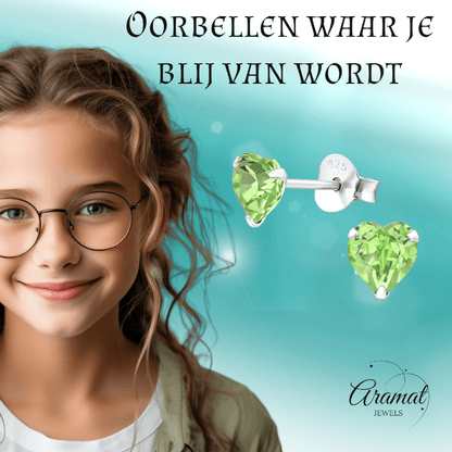 Zilveren Kristal Hartjes Oorbellen Peridot Groen - oor2019 - 24394 - Oorbellen kopen# - 5mm - 925 Zilver - alles