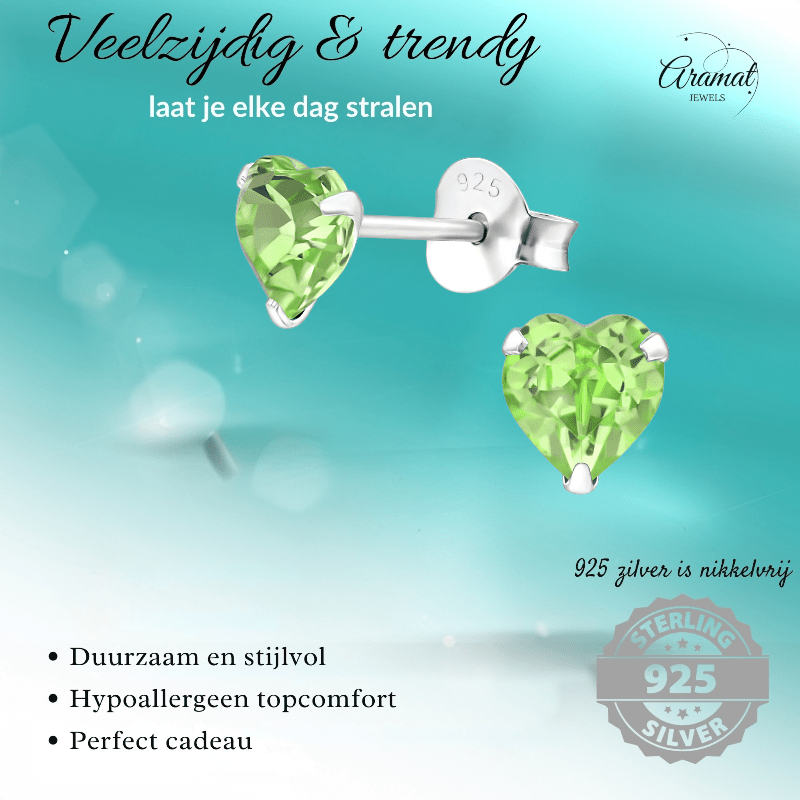 Zilveren Kristal Hartjes Oorbellen Peridot Groen - oor2019 - 24394 - Oorbellen kopen# - 5mm - 925 Zilver - alles