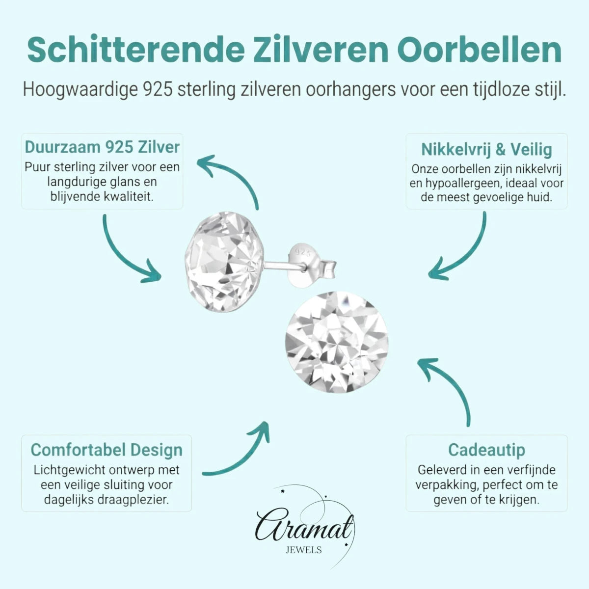 Zilveren Kristal Oorbellen 925 Zilver - Stralende Rondes - Aramat Jewels - Oorbellen - cadeautip