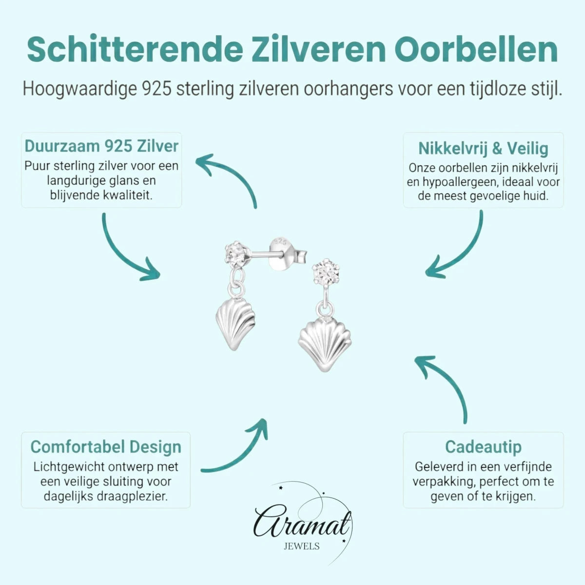 Zilveren Kristal Oorbellen met Schelp Hanger - Aramat Jewels - Oorbellen - cadeautip