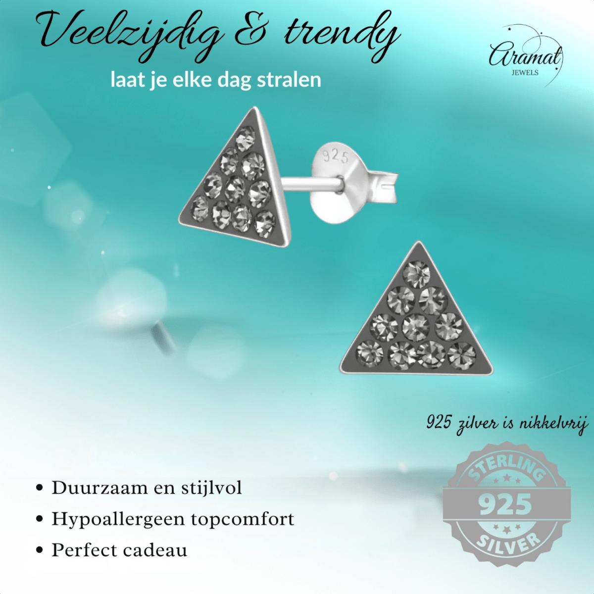 Zilveren Kristallen Oorbellen driehoek Black Diamond - Aramat Jewels - Oorbellen - cadeautip