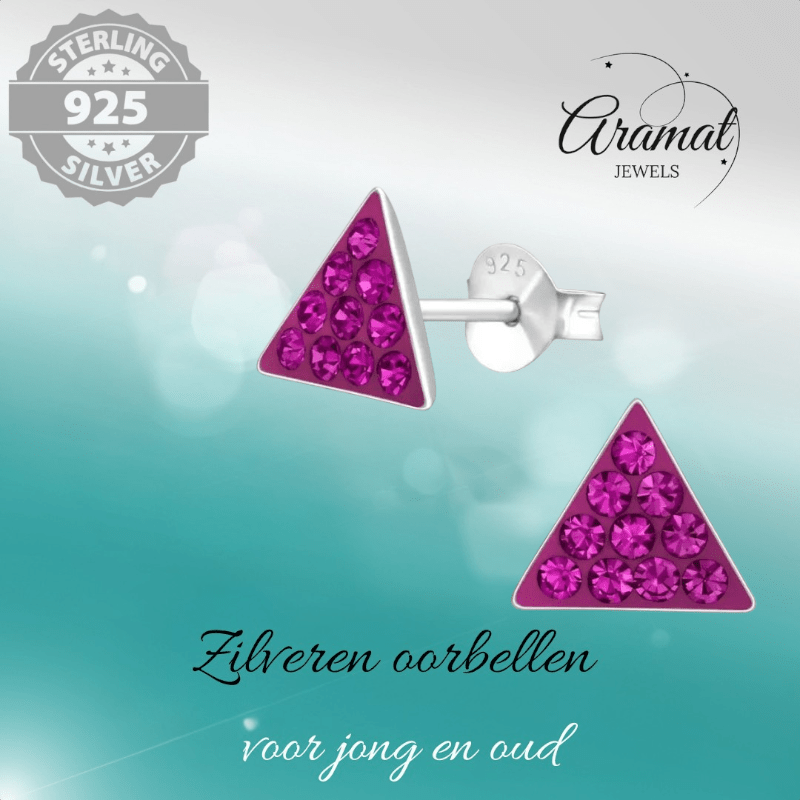 Zilveren Kristallen Oorbellen Driehoek - Donker Roze - Aramat Jewels - Oorbellen - cadeautip